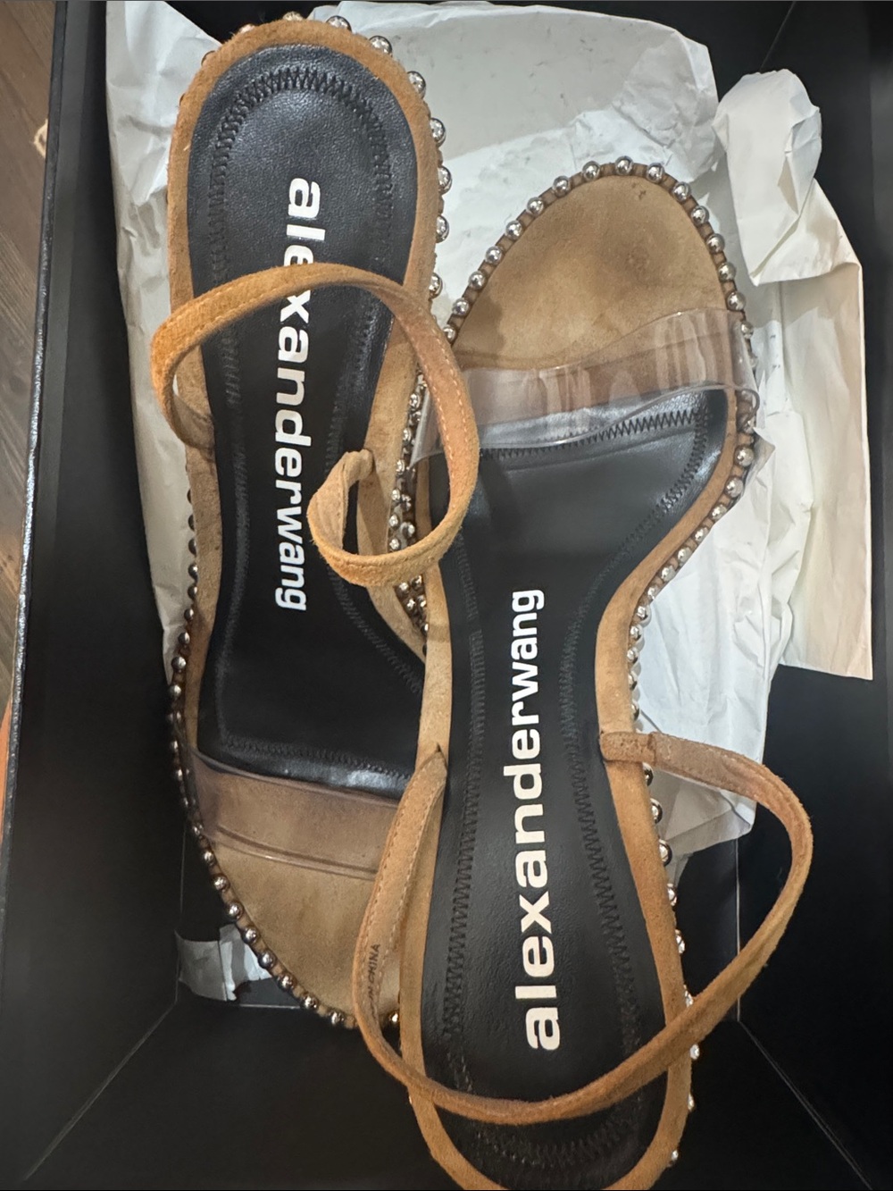 Alexander Wang Tan Suede Sandals with Clear Strap and Stud Trim - Picture 7 of 7